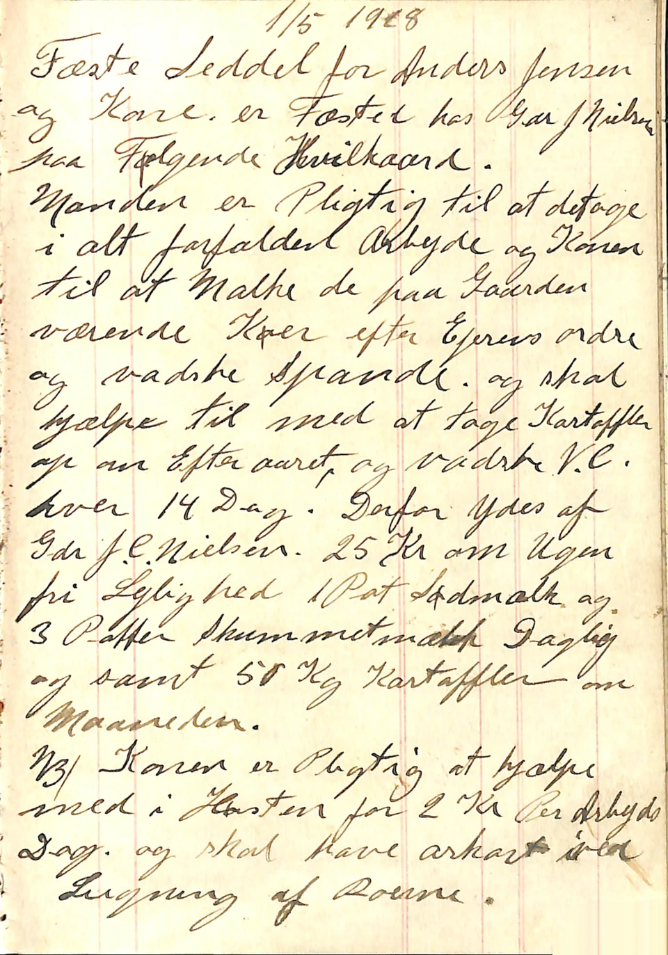 Fæstesedlen: En par håndskrevne sider i kontrabogen gjorde det ud for en fæsteseddel – en slags ansættelseskontrakt på Højbjerggaard.