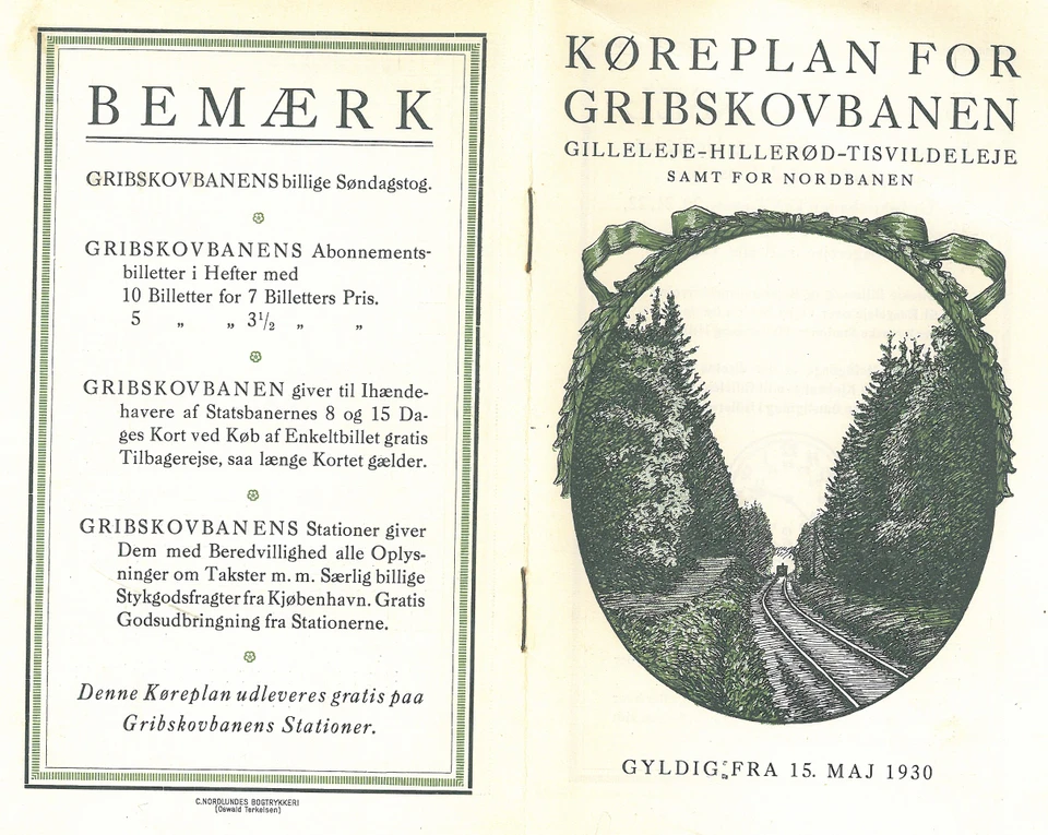1,50 kr. for voksne og 75 øre for børn under 14 år - det var prisen for en billig søndagsbillet med Gribskovbanens populære badetog i 1930’erne. Her er det gribskovbanens køreplan fra 1930.