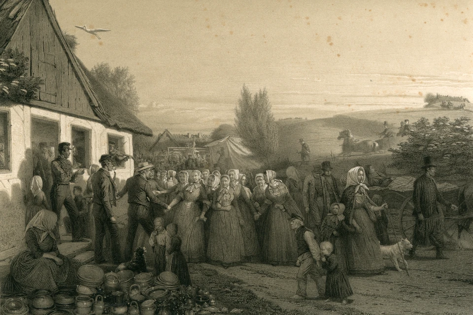 Sankt Hans fest i Tisvilde i forening med valfart til Sankt Helenes grav og kilde. Litografi af Jørgen Sonne, 1858.