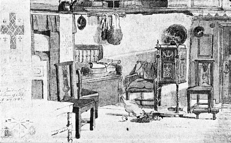 Stuen på gården Saksenkold, tegnet af J.T. Lundbye. Lige til højre for stolen i midten ses  bilæggerovnen, der fik sin varme i form af gløder fra køkkenets ildsted. Ildstedet kan ikke ses på  billedet, da det lå i køkkenet på den anden side af væggen. Neden for bilæggeren ses en høne med  sine kyllinger. Det var helt almindeligt at have fjerkræ inde i stuevarmen i 1800-tallet. 