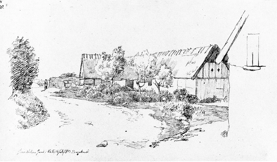 Gården Saxenkold, tegnet i 1843 af Johan Thomas Lundbye. Gården lå inde i selve Vejby ved siden af skolen. Lars Larsen ejede gården i perioden 1874-1892, og den har formentlig set ud på nogenlunde samme måde.