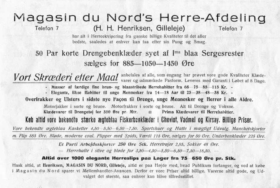 Annonce fra Magasin du Nords eget katalog fra 1924, hvor H.H. Henriksen gør en dyd ud af at fortælle, hvordan pris og kvalitet hænger sammen.