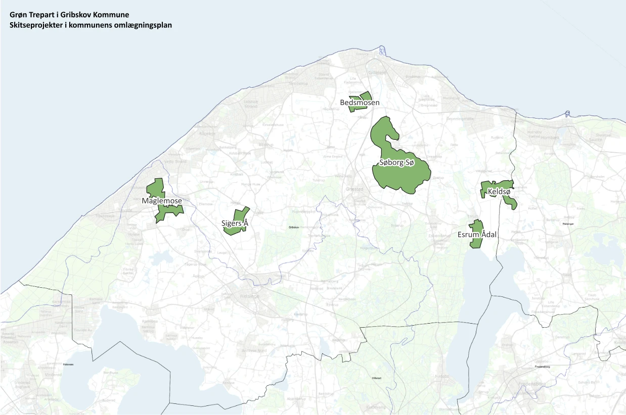 Kort over Gribskov Kommune med seks grønne skitseprojektområder i kommunens omlægningsplan: Maglemose, Sigers Å, Bedsmosen, Søborg Sø, Keldsø og Esrum Ådal.